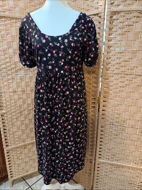 Hand Crafted Black Midi Dress with Pink Floral Pattern